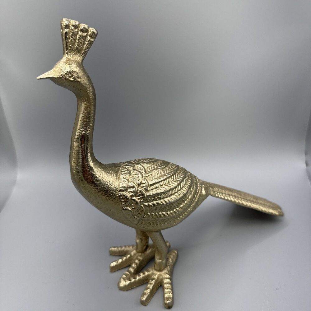 Vintage Gold Tone Metal Peacock Sculpture Golden Bird Figurine Shelf Decor 8.5”